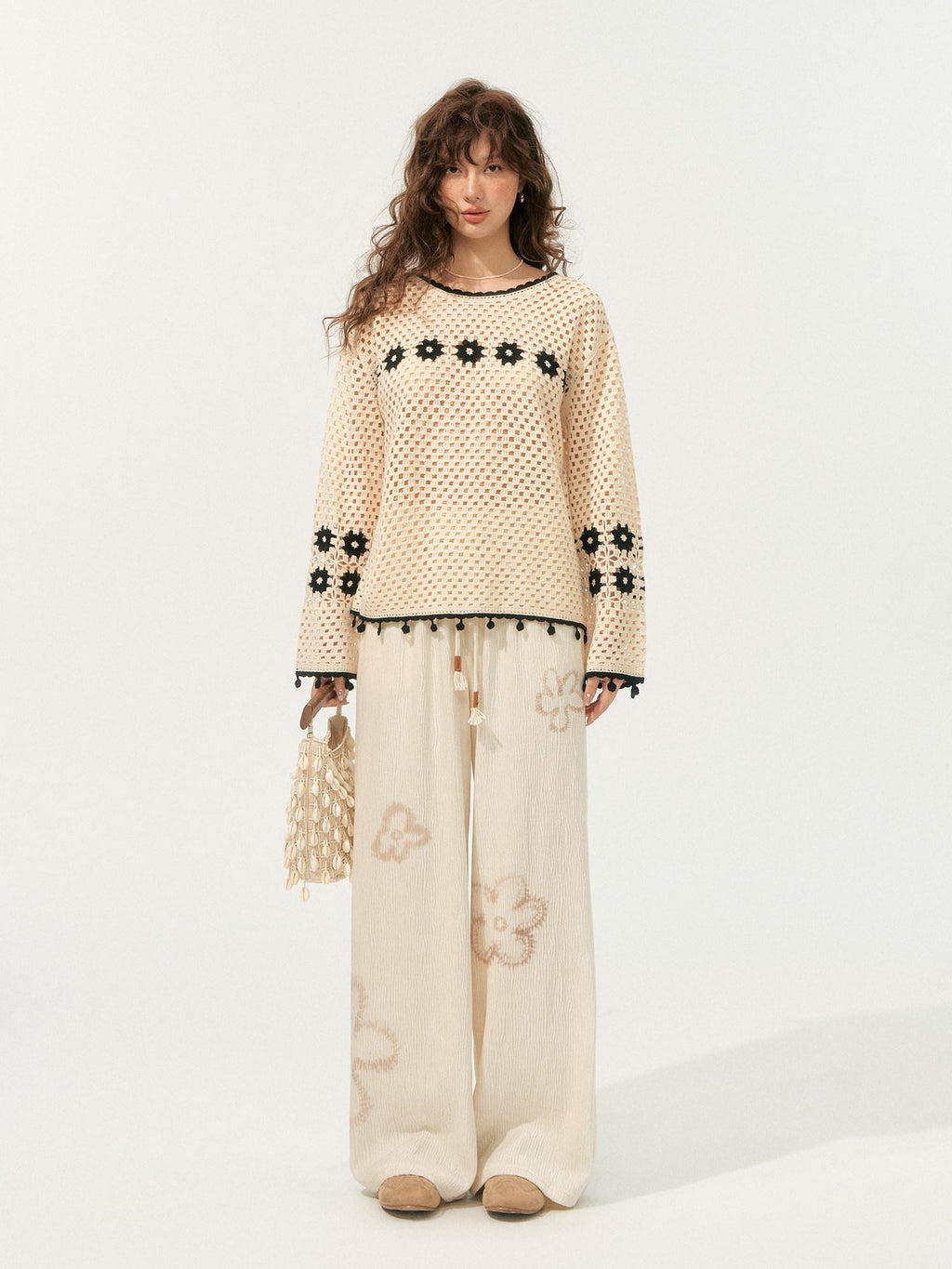 SOMESOWE Soft Acrylic Loose Openwork Knit Pullover Women Casual Round Neck Beige Sweaters