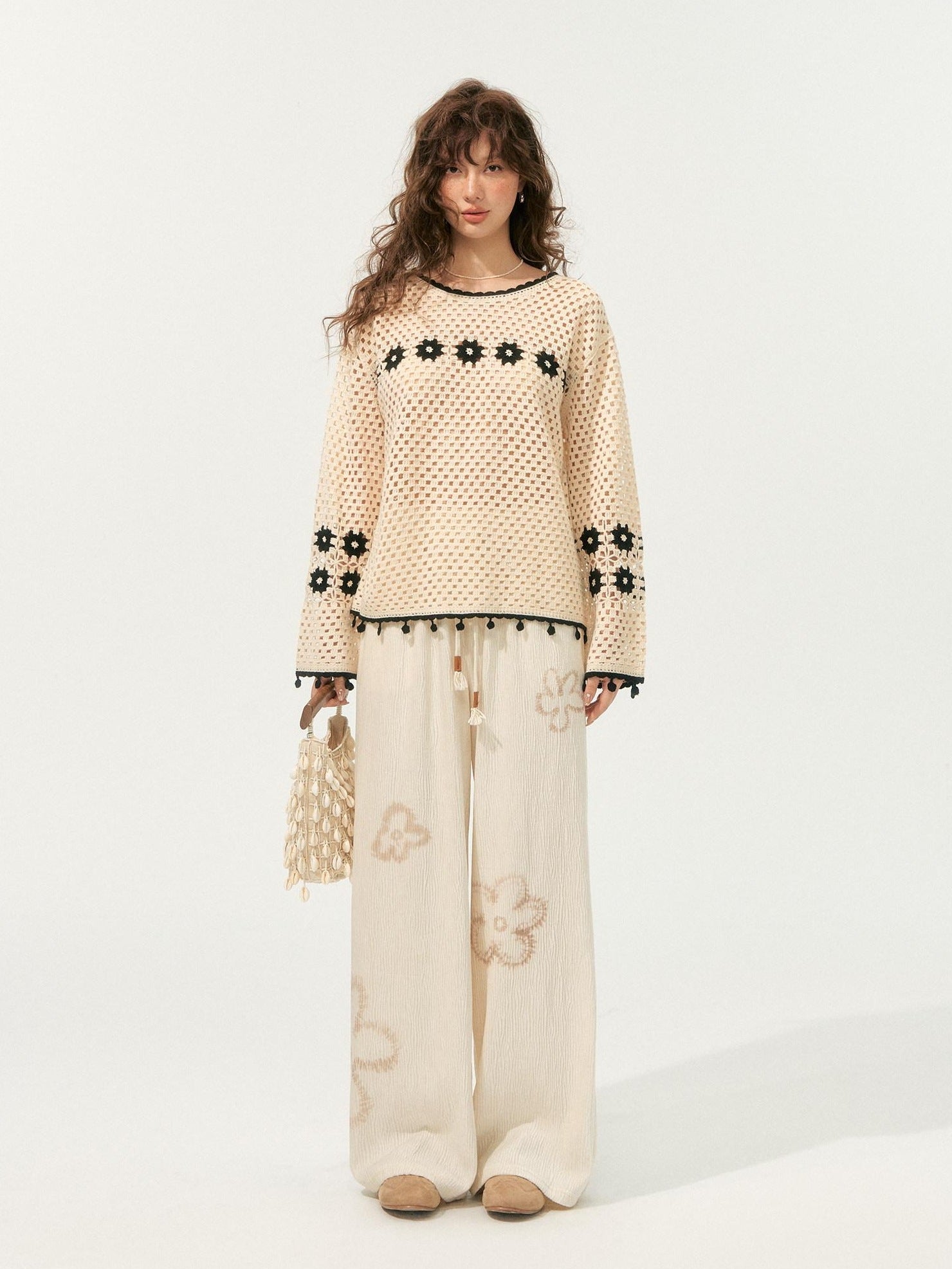 SOMESOWE Soft Acrylic Loose Openwork Knit Pullover Women Casual Round Neck Beige Sweaters