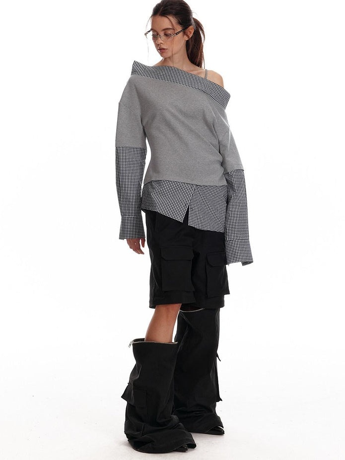 ALINNVSTUDIO Original Loose Slant Collar Cotton Stretch Pullover Women Long Sleeve T-Shirts