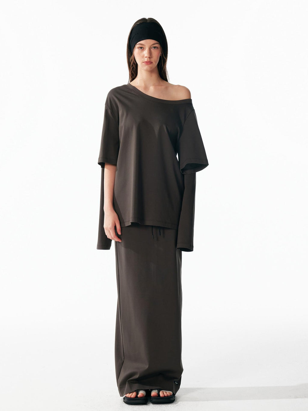 ALINNVSTUDIO Vintage Asymmetric Off Shoulder Loose Cotton Women Black Top & Skirt Sets
