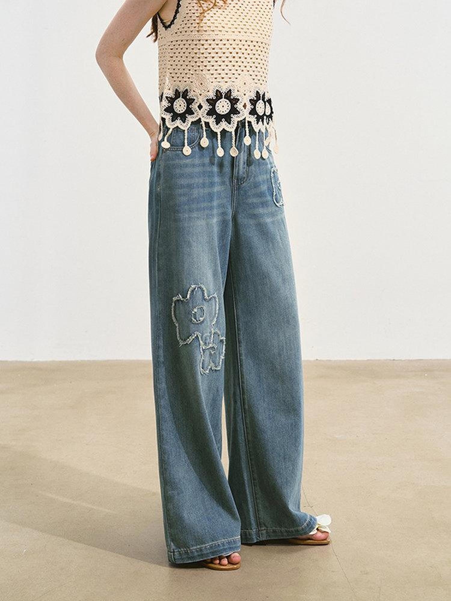SOMESOWE Washed Cotton Stretch Casual Natural Waist Denim Womens Straight Leg Jeans