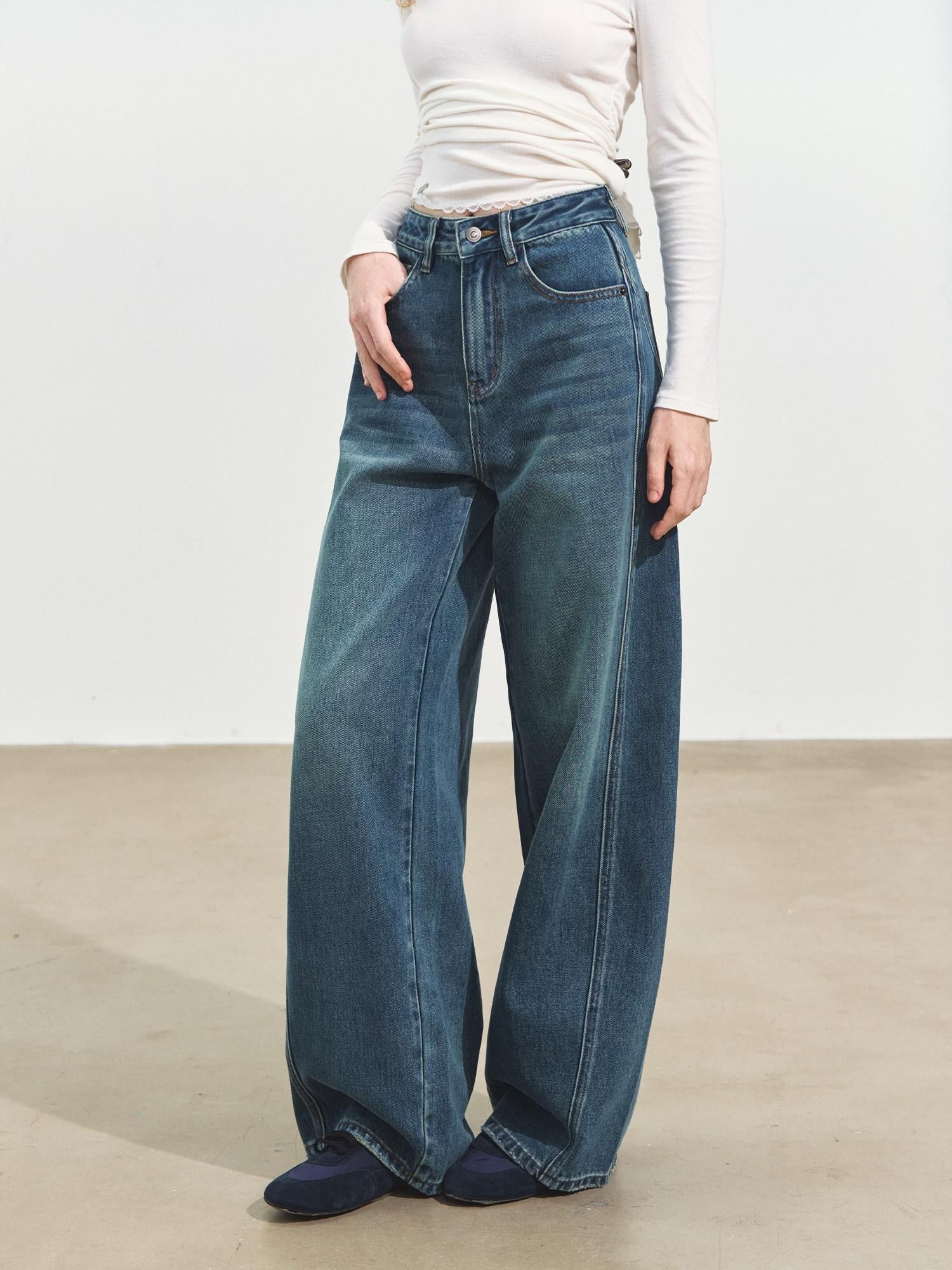 SOMESOWE Shape Retaining Cotton Natural Waist Loose Workwear Women Blue Wide Leg Jeans