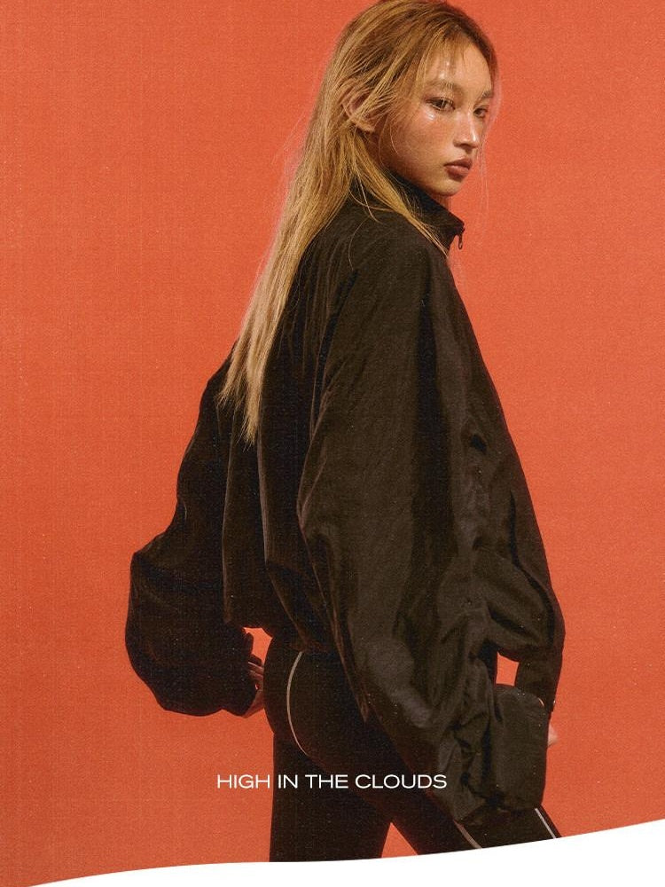 NAWSNOTAWEAR Pleated Detail Loose Fit Commuter Nylon Zip Front Turndown Collar Bomber Jackets