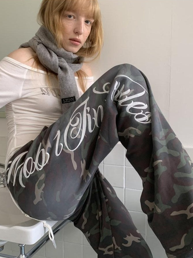 1JINN STUDIO Camouflage Embroidered Cotton Casual Long Sleeve Long Pants Top & Pants Sets