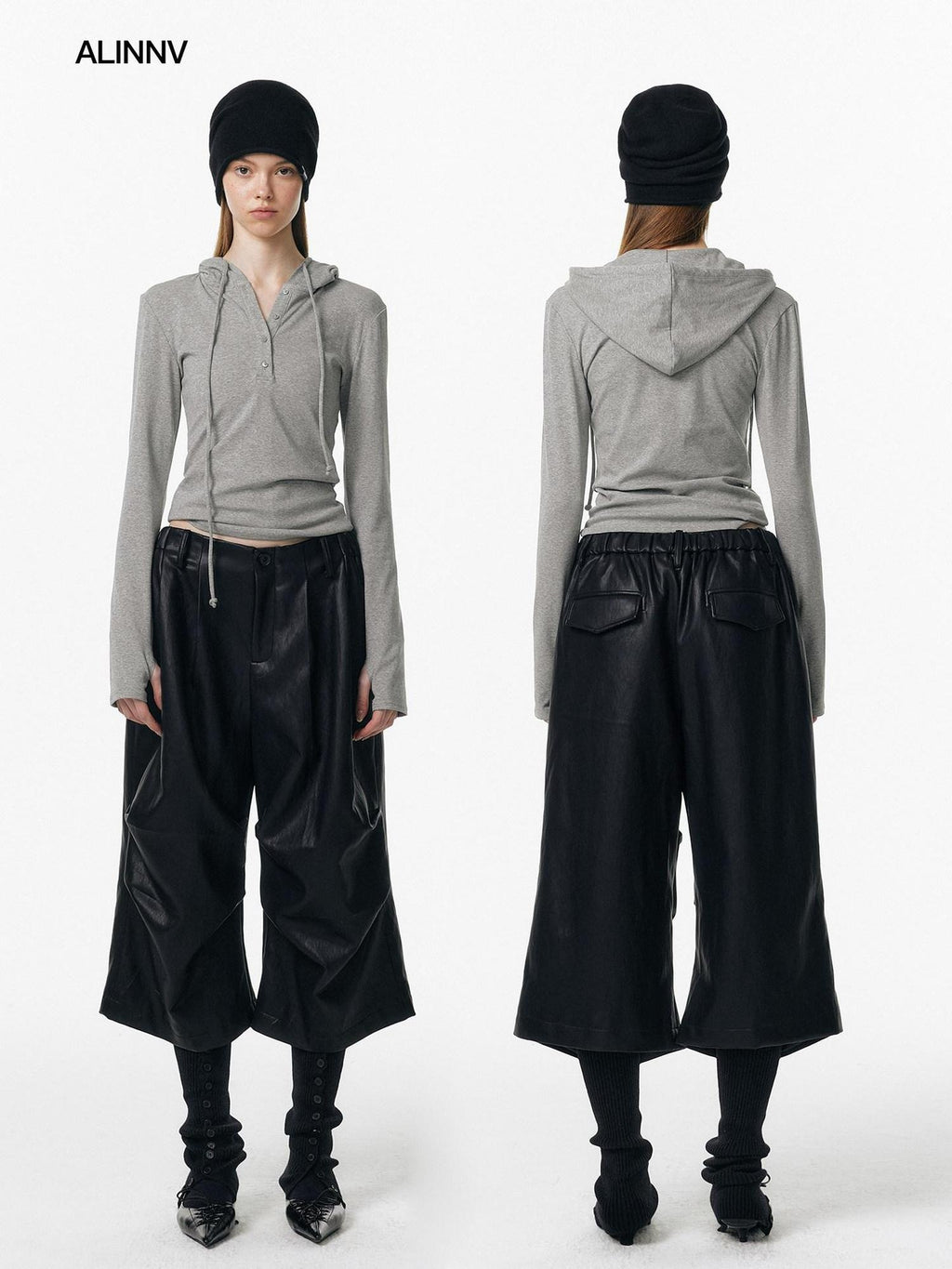 ALINNVSTUDIO Pu Pleated Low Waist Button Fly Irregular Fold Casual Women Black Wide Leg Pants