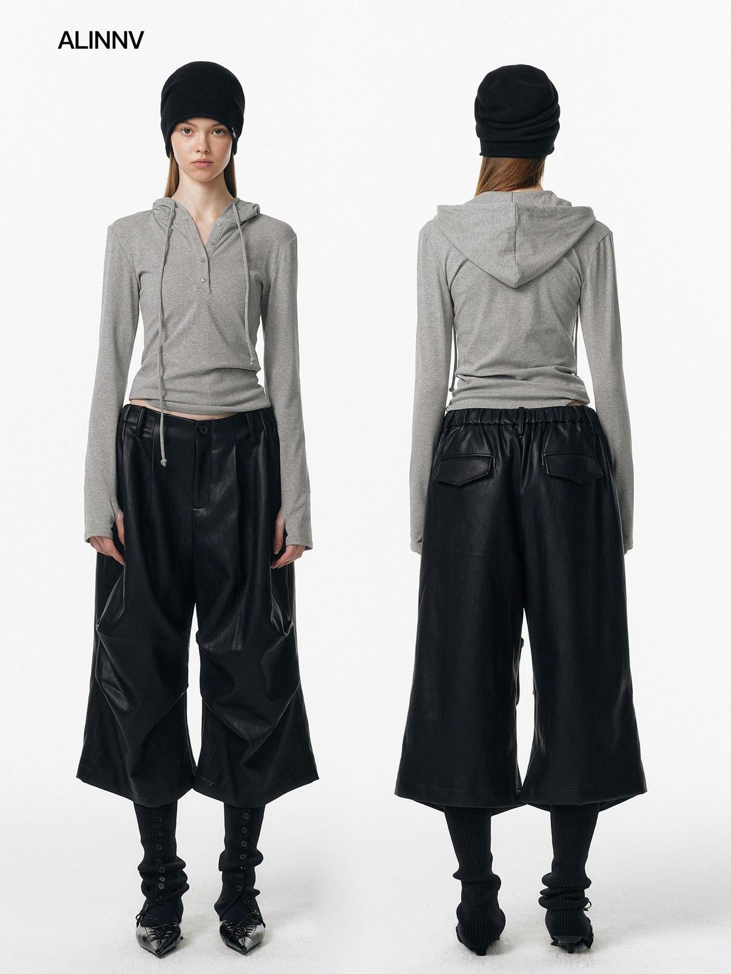 ALINNVSTUDIO Pu Pleated Low Waist Button Fly Irregular Fold Casual Women Black Wide Leg Pants