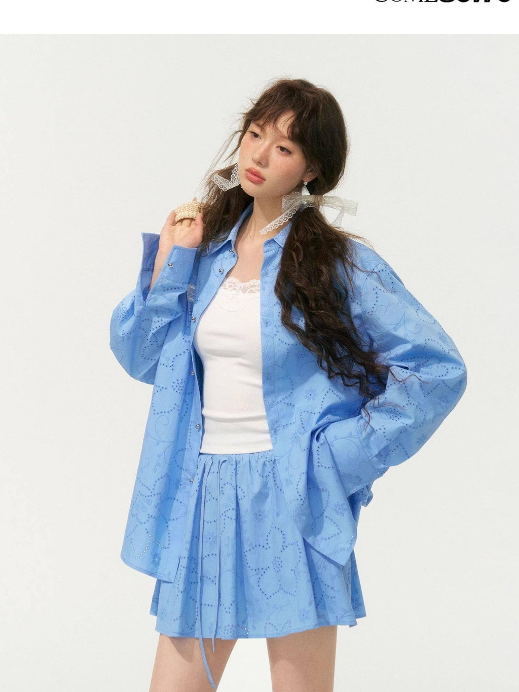 SOMESOWE Floral Cotton Collared Button Long Sleeve Casual Women Top & Skirt Sets