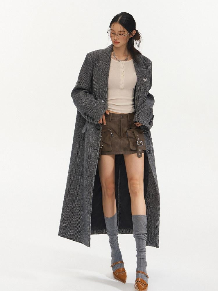 NAWSNOTAWEAR Herringbone Wool Blend Loose Fit Blazer Collar Women Single Breasted Wool Coats
