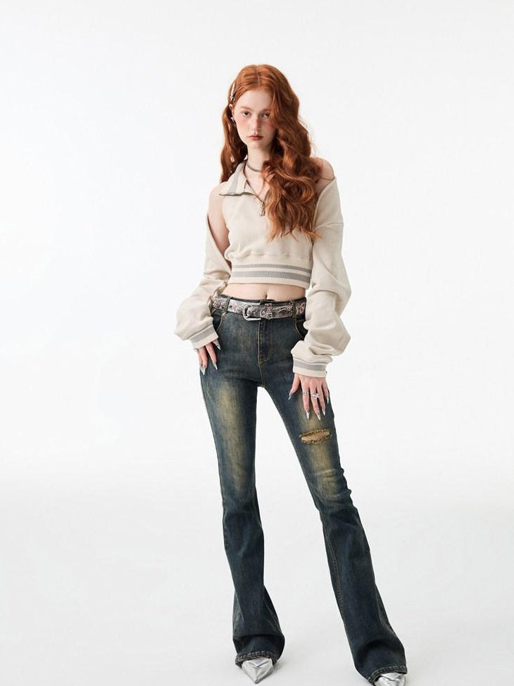 1JINN STUDIO Thick Micro Stretch Vintage Washed Slim Natural Waist Women Denim Flared Jeans