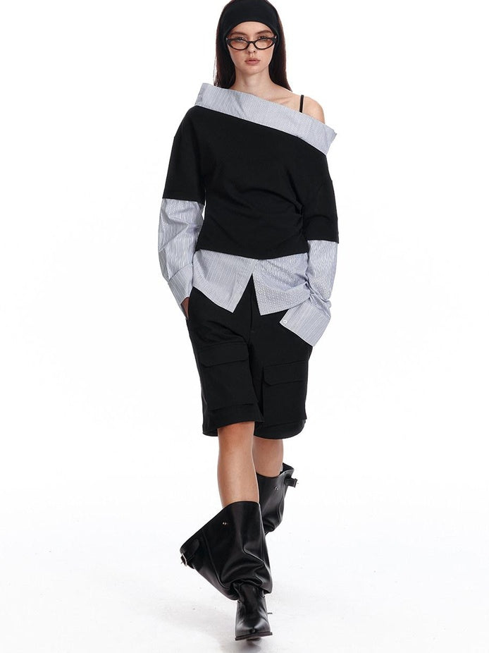 ALINNVSTUDIO Original Loose Slant Collar Cotton Stretch Pullover Women Long Sleeve T-Shirts