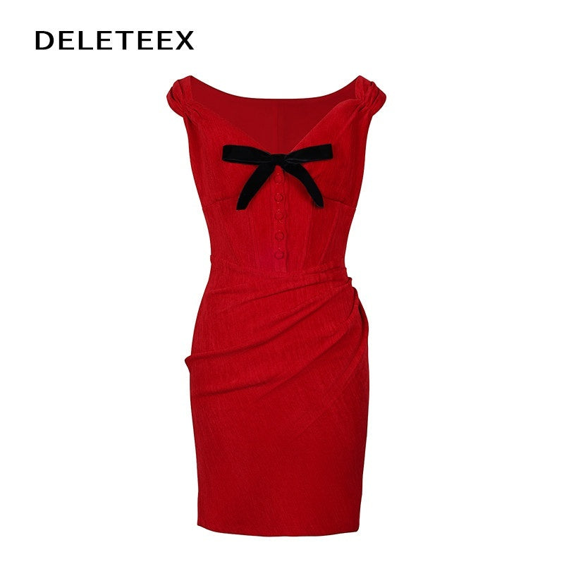 DeleteEx_Stretch_Red_Sleeveless_V_U_Neck_Ins_Style_Polyester_Party_Mini_Dresses_MISSTT