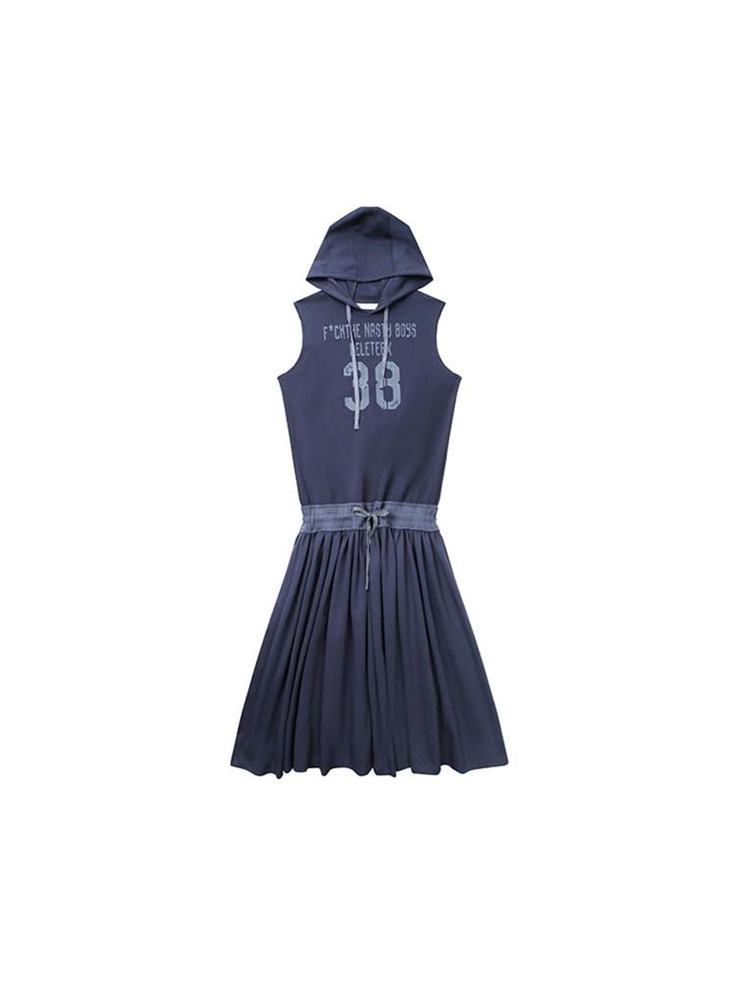 DeleteEx Soft Cotton Blend Elastic Waist Insta Sleeveless Printed Vest Navy Midi Dresses