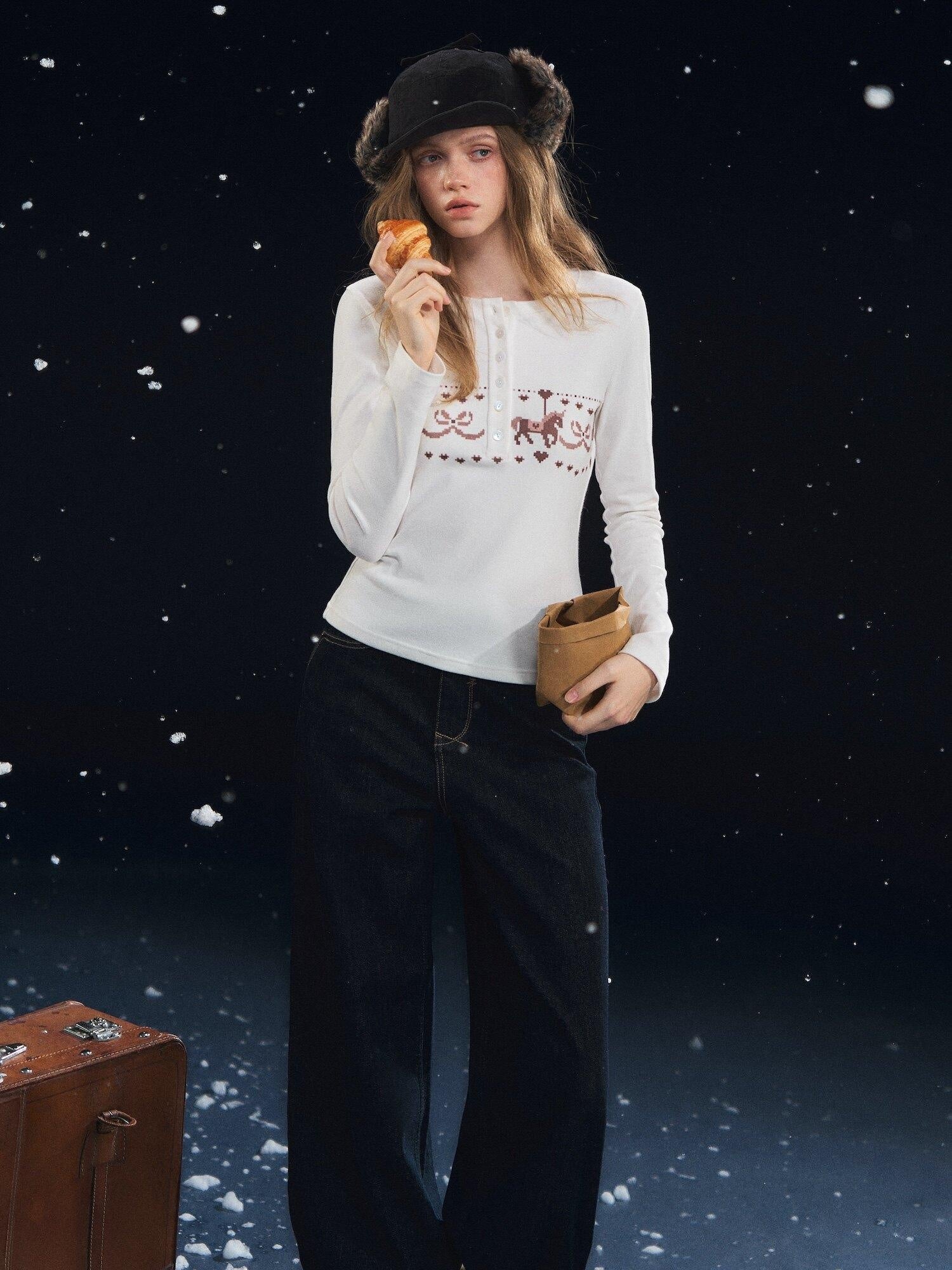 SOMESOWE Cotton Blend Lace Trim Casual Crew Neck Women Cartoon Print Sweaters