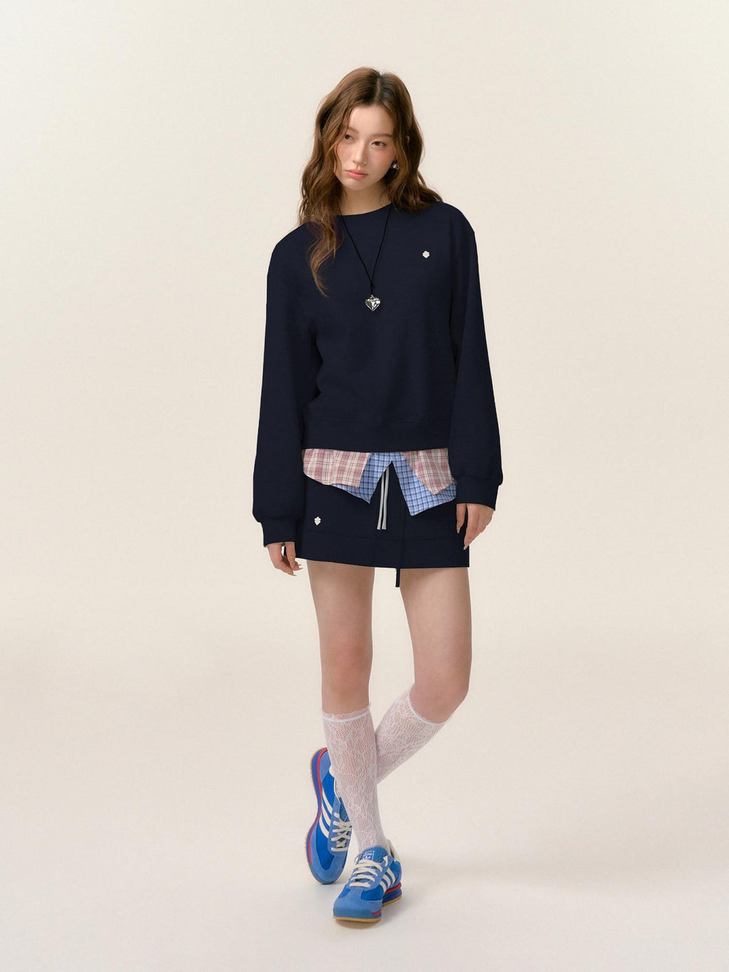 SOMESOWE Cotton Crew Long Sleeve Casual Mini Skirt Women Gray Navy Top & Skirt Sets