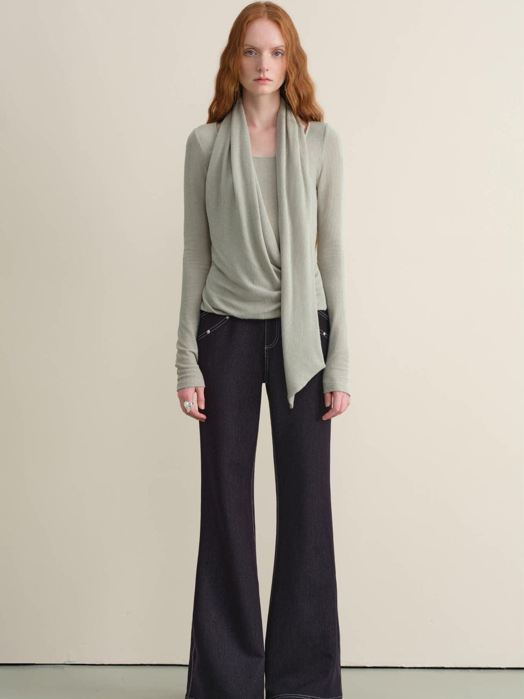 someonesometimes Stretch Minimal Natural Waist Topstitch Detail Women Midnight Blue Flared Jeans