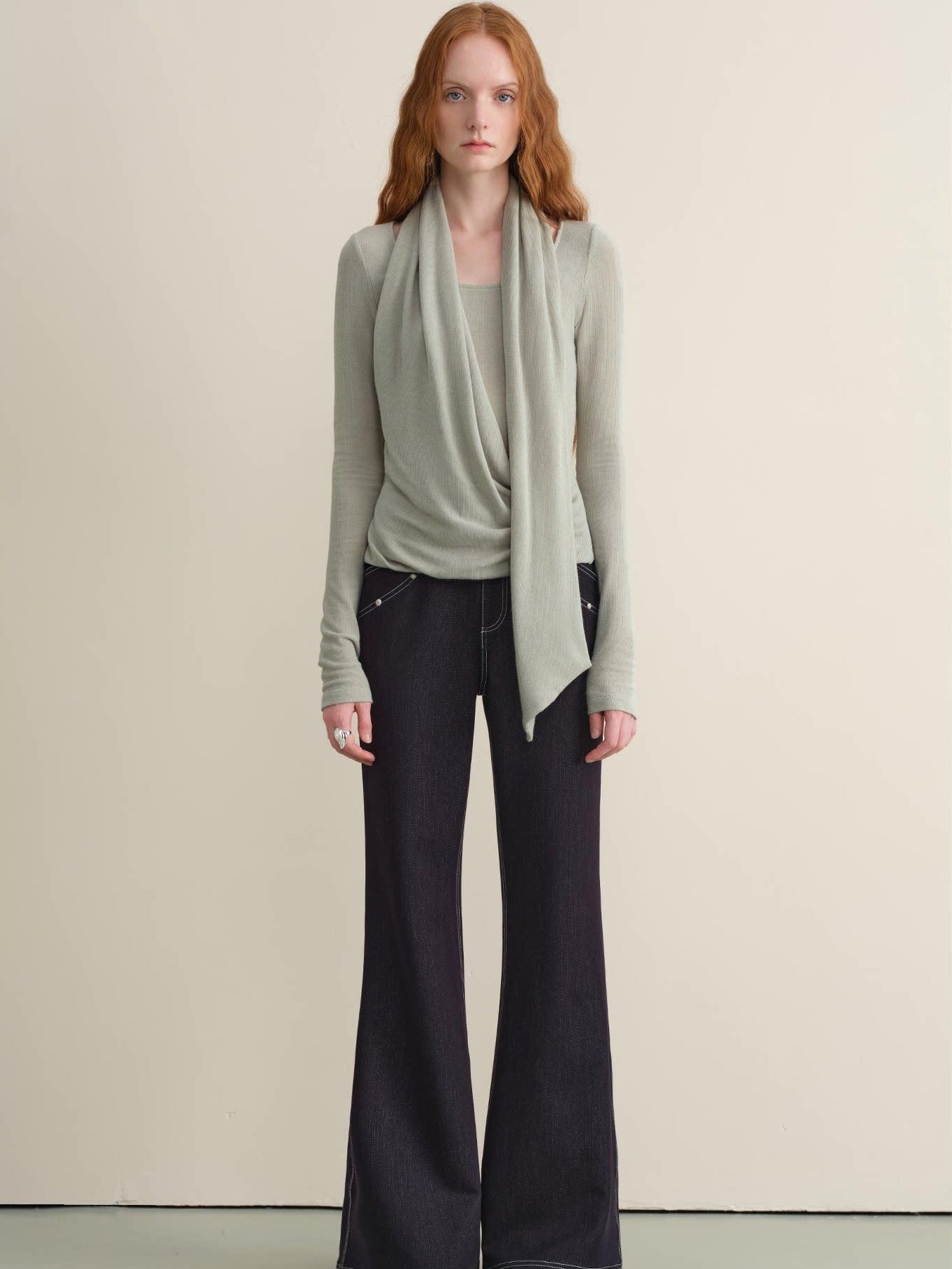 someonesometimes Stretch Minimal Natural Waist Topstitch Detail Women Midnight Blue Flared Jeans
