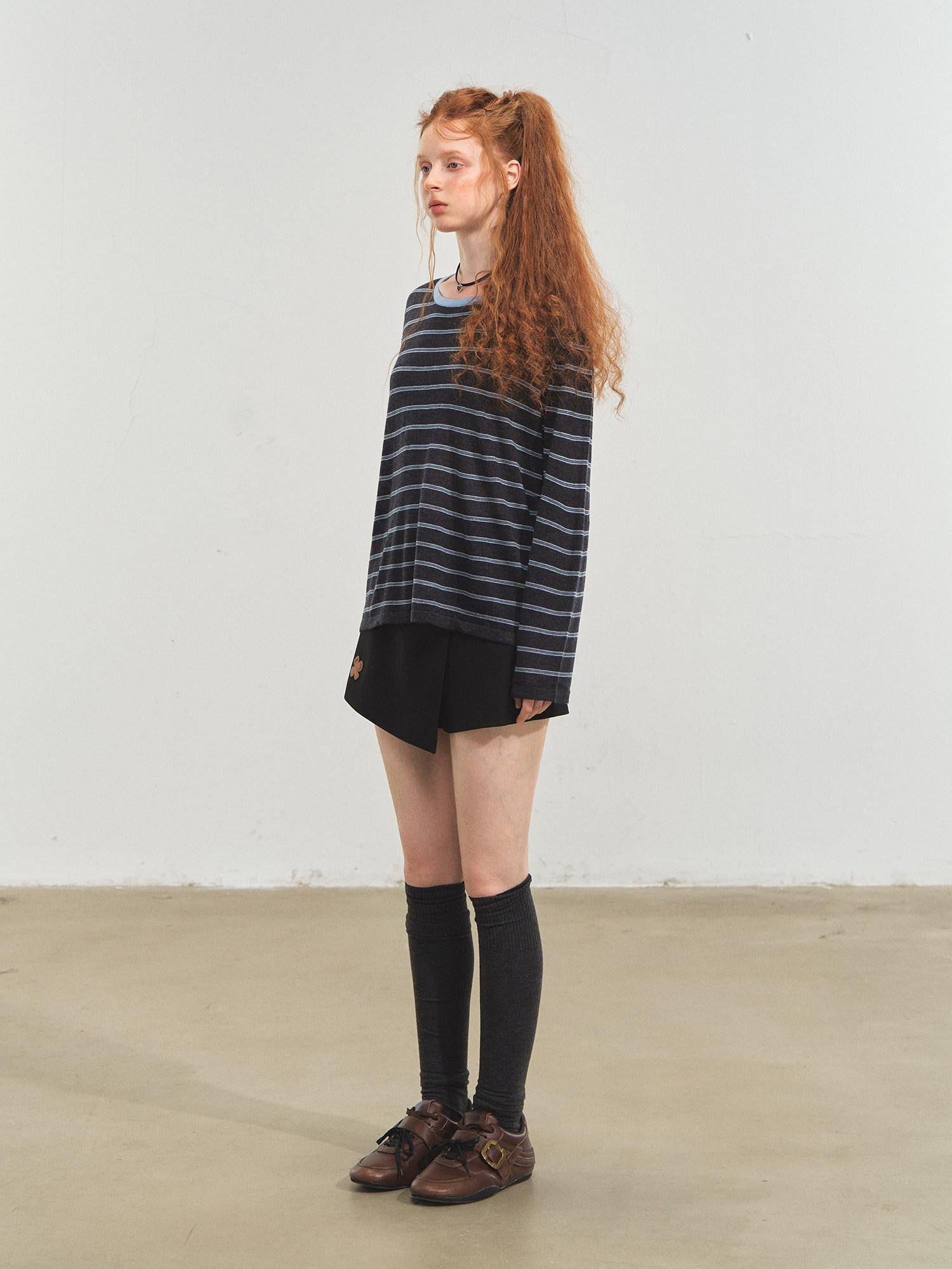 SOMESOWE Acrylic Knit Casual Slim Fit Striped Crew Neck Women Long Sleeve T-Shirts