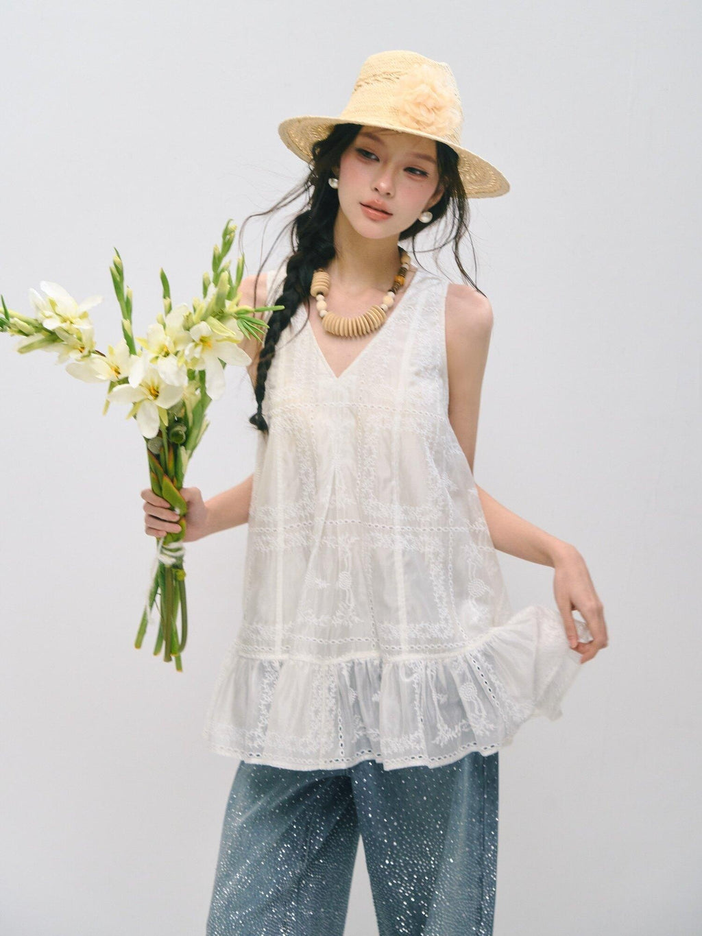 SOMESOWE Ruffled A Line Loose Fit Casual Round Neck Sleeveless Women Tank Tops
