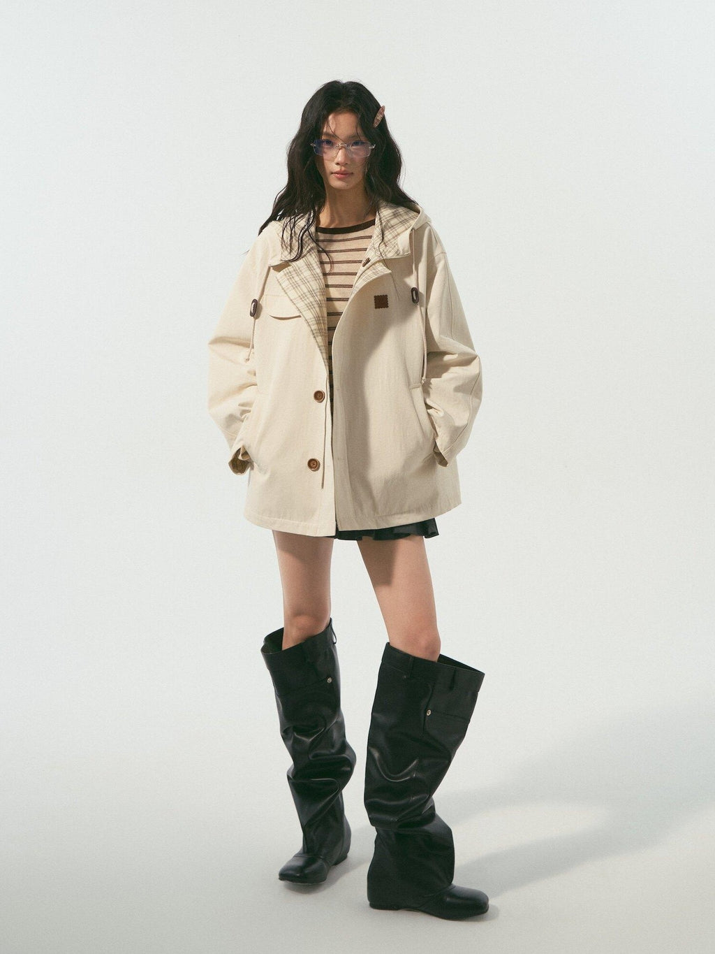 SOMESOWE Versatile Hooded Mid Length Loose Fit Women Plaid Polyester Jackets