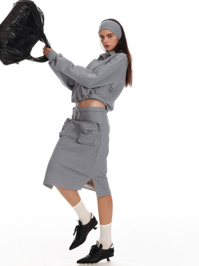 ALINNVSTUDIO Cropped Loose Fit Polo Collar Long Sleeve Commuter Solid Color Sweatshirt