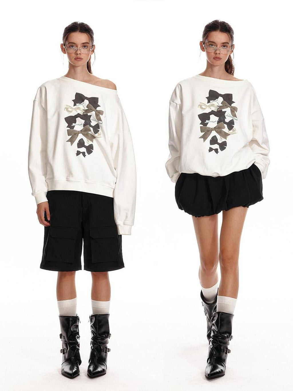 ALINNVSTUDIO Bow Accent Loose Fit Office Round Neck Women White And Gray Sweatshirt