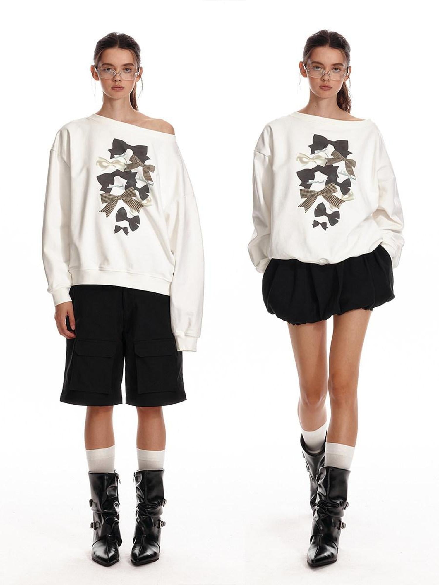 ALINNVSTUDIO Bow Accent Loose Fit Office Round Neck Women White And Gray Sweatshirt