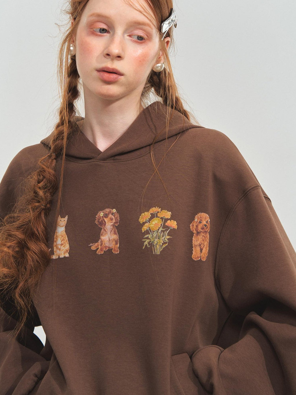 SOMESOWE Cartoon Anime Oversized Hooded Longsleeve Casual Grey Brown Hoodie