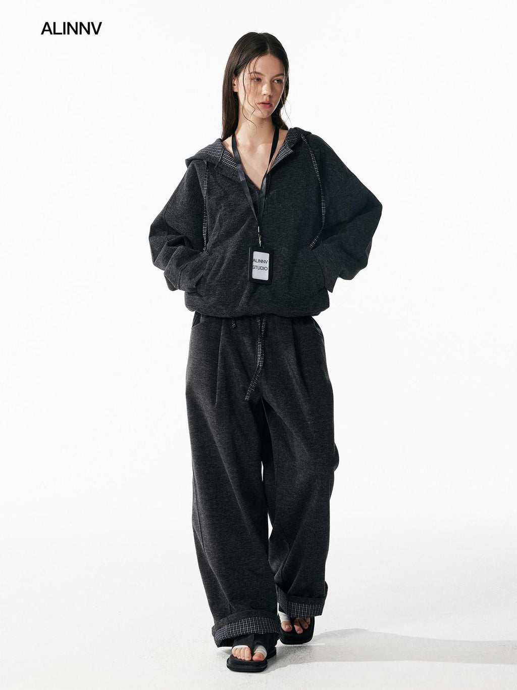 ALINNVSTUDIO Soft Brushed Relaxed Fit Grey Hoodie Jogger Casual Athleisure Top & Pants Sets