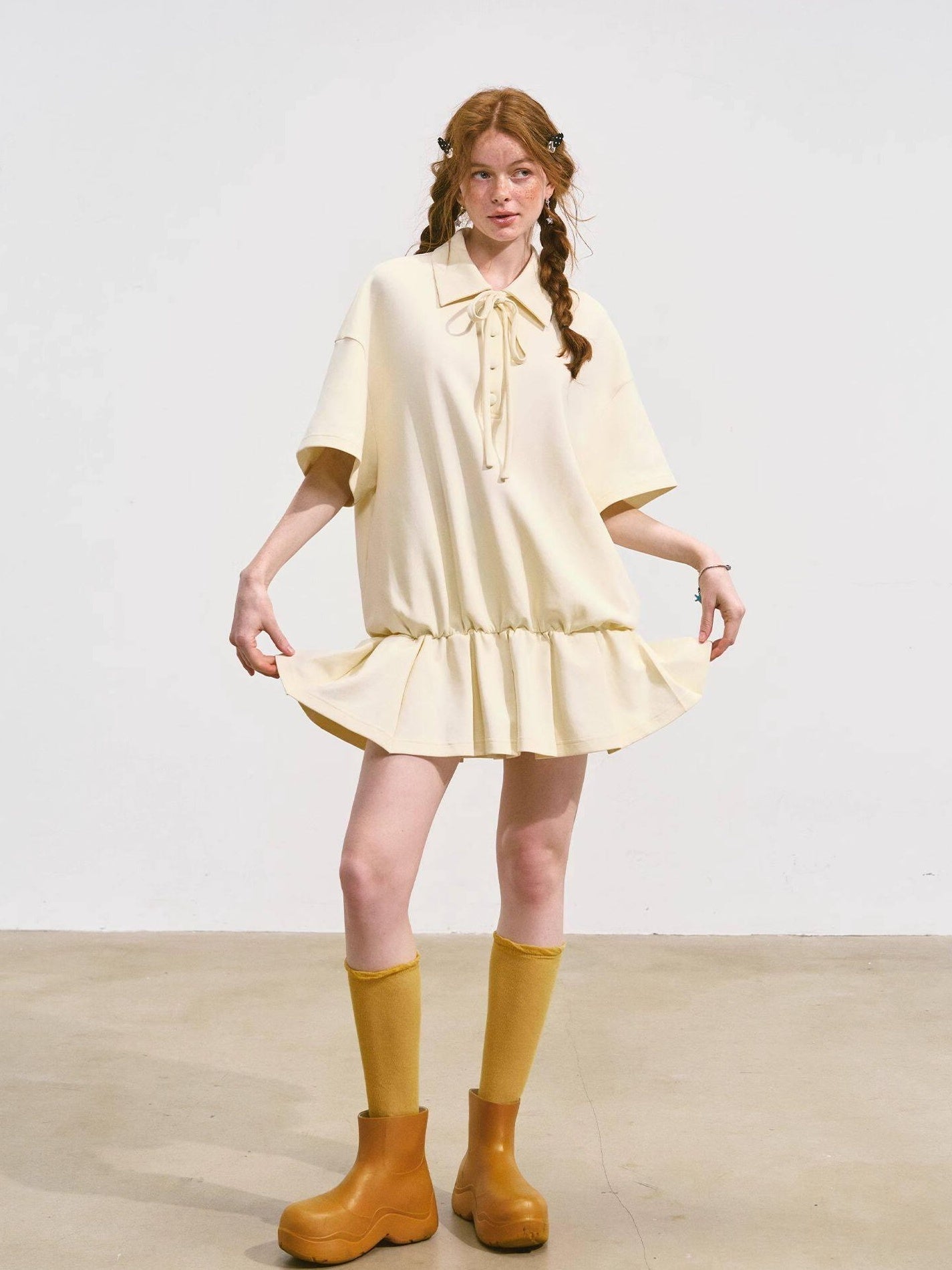 SOMESOWE Cotton Blend Minimal Tie A Line Tee Office Beige Mini Dresses