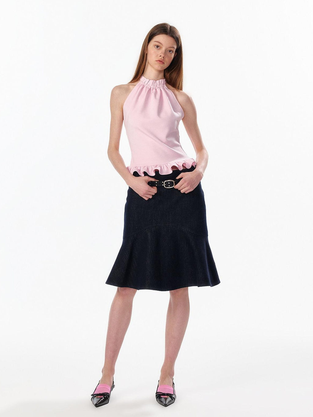 ALINNVSTUDIO Ruffle Trim Cropped Fitted Waist Halter Mock Neck Women Modal Blend Tank Tops