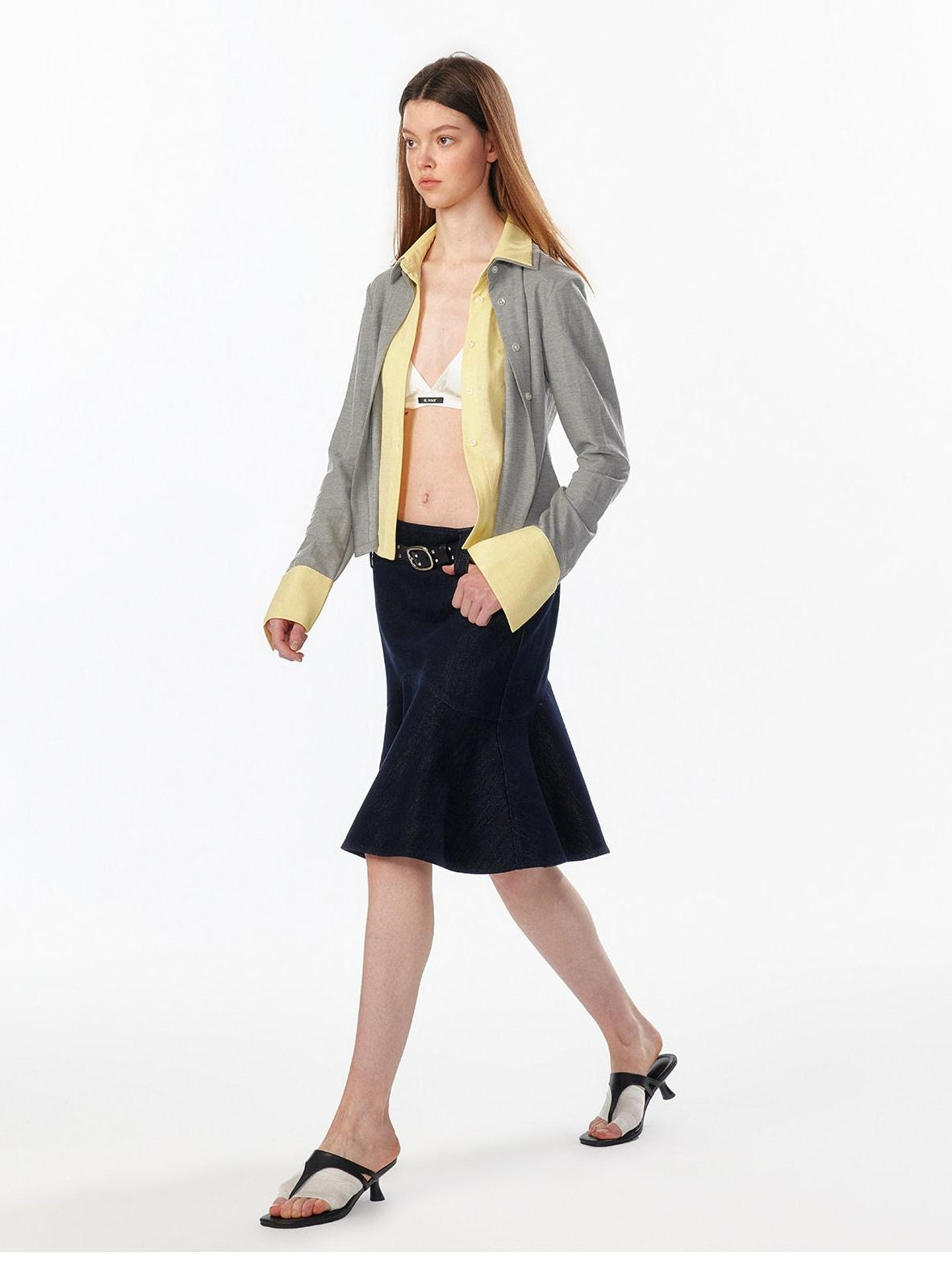 ALINNVSTUDIO Colorblock Faux Layered Slim Waist Cropped Cardigan Longsleeve Womens Shirts
