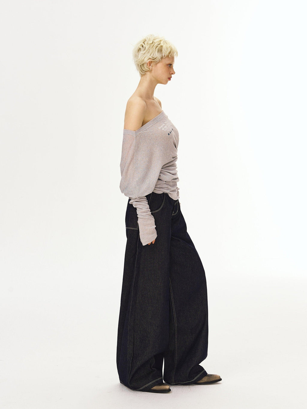 DeleteEx Dark Indigo Original Denim Relaxed Natural Waist Loose Casual Wide Leg Jeans