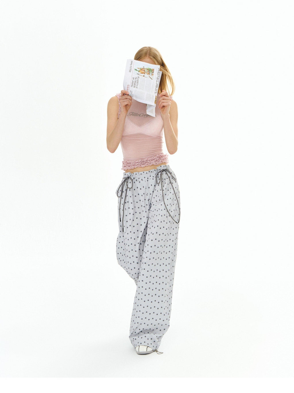 DeleteEx Soft 100 Percent Polyester Silver Gray Print Flowy Casual Wide Leg Pants