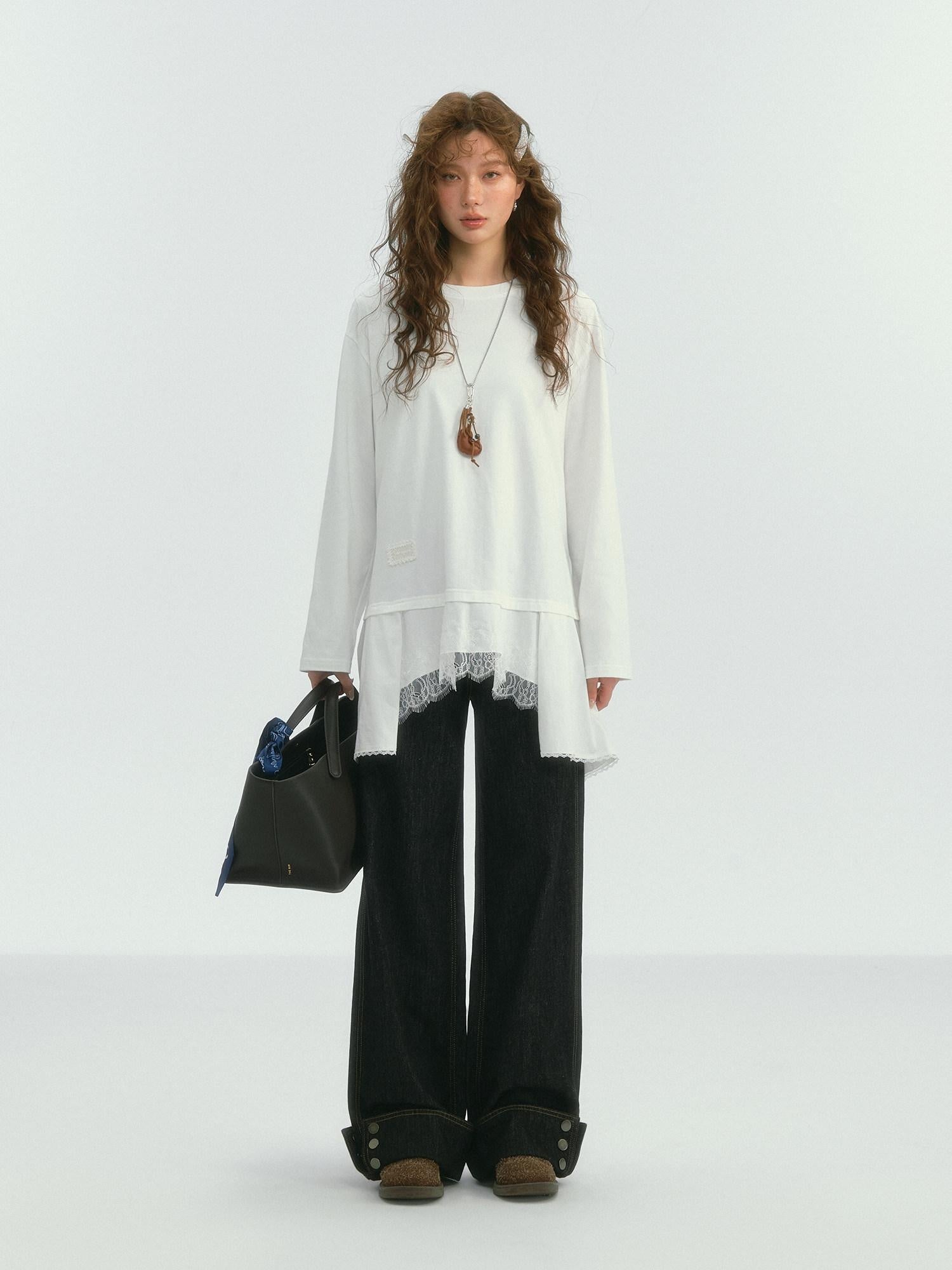 SOMESOWE Pu Spliced Details Loose Fit Office Workwear Women White Long Sleeve T-Shirts