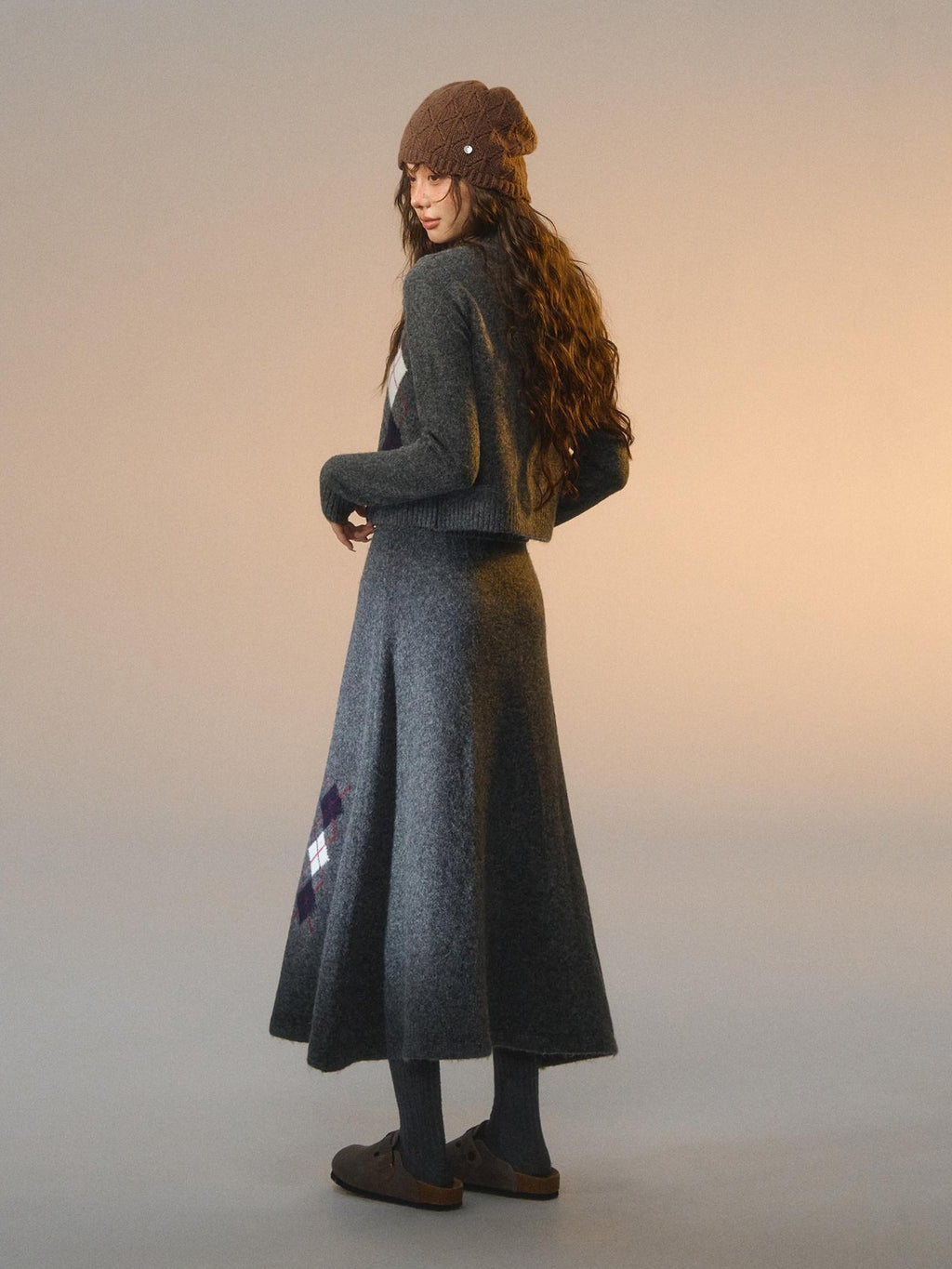 SOMESOWE Embroidered Plaid Slim Fit Long Sleeve Crew Neck Women Casual Top & Skirt Sets
