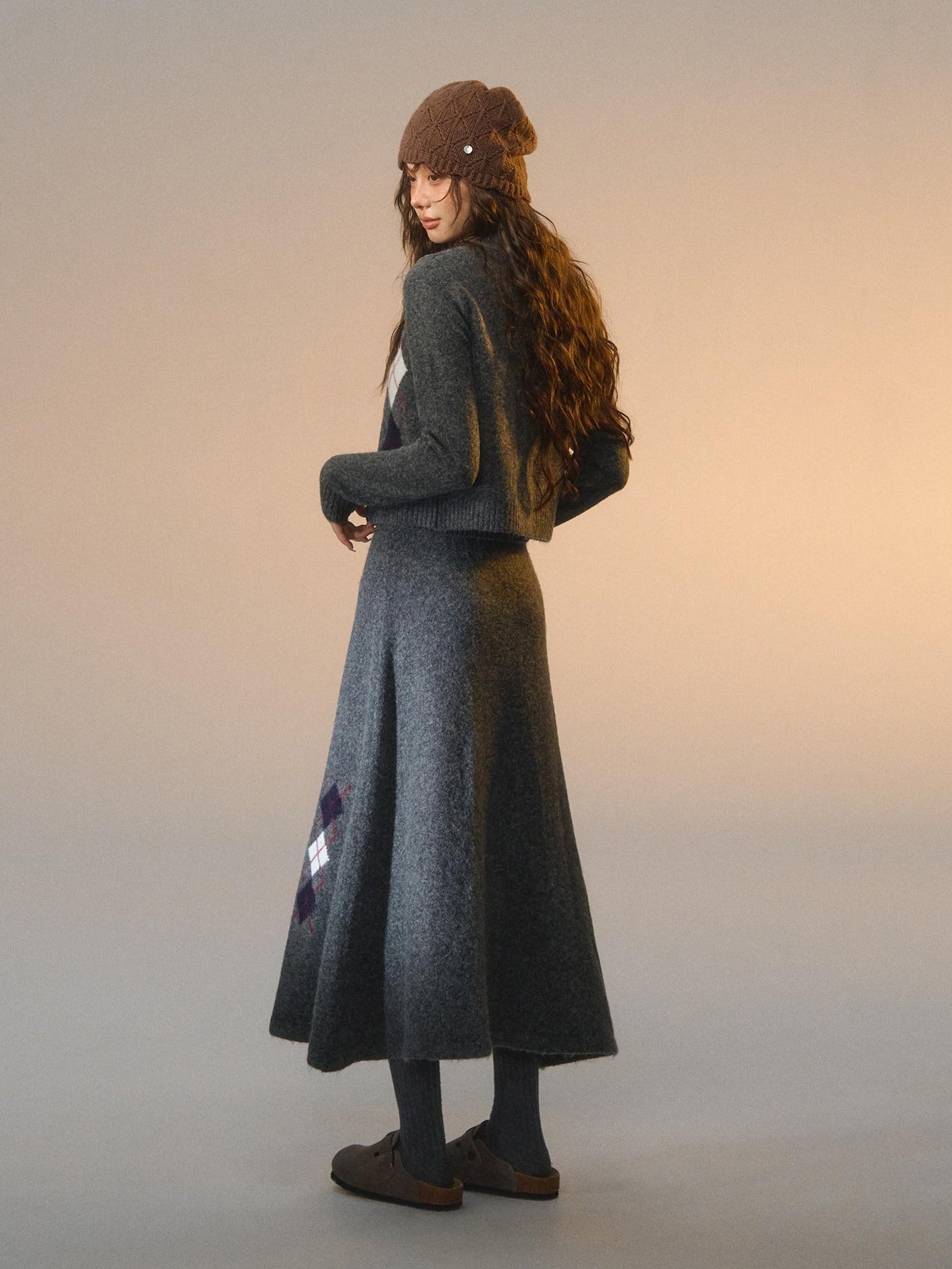 SOMESOWE Embroidered Plaid Slim Fit Long Sleeve Crew Neck Women Casual Top & Skirt Sets