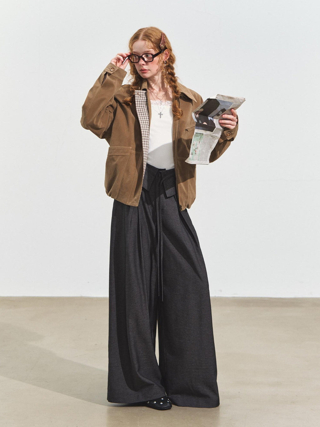 SOMESOWE Original Plaid Pocket Natural Waist Loose Women Casual Gray Straight Pants