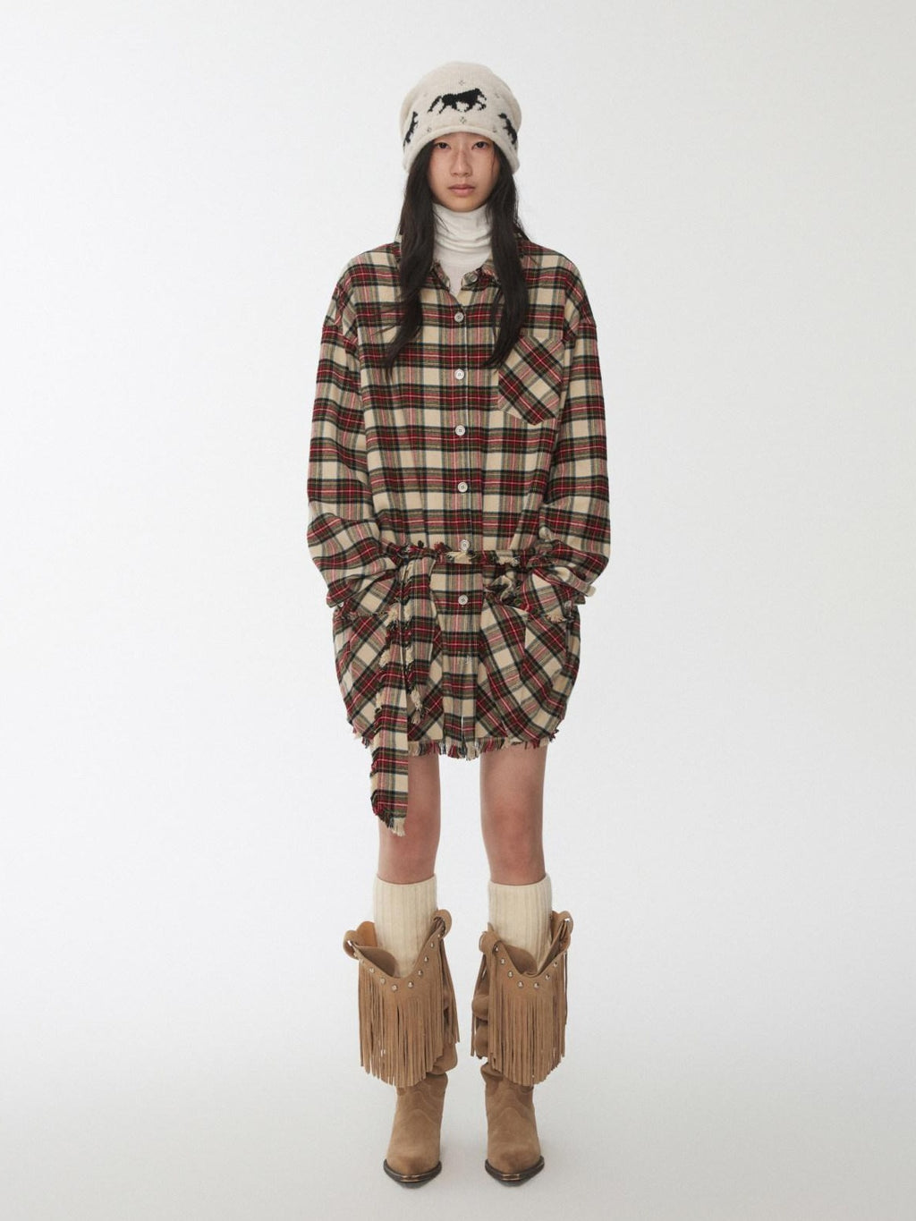 1JINN STUDIO Cotton Plaid Workwear Loose Straight Fit Long Sleeve Casual Women Mini Dresses