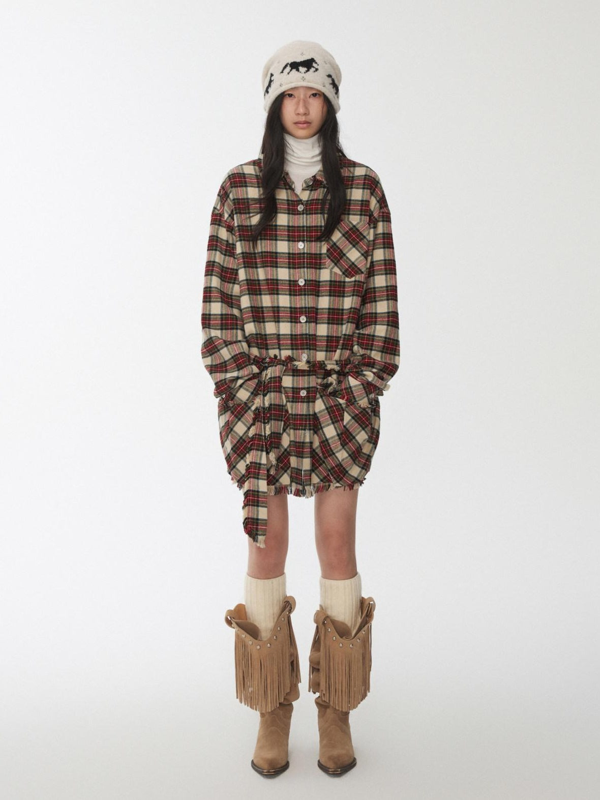 1JINN STUDIO Cotton Plaid Workwear Loose Straight Fit Long Sleeve Casual Women Mini Dresses