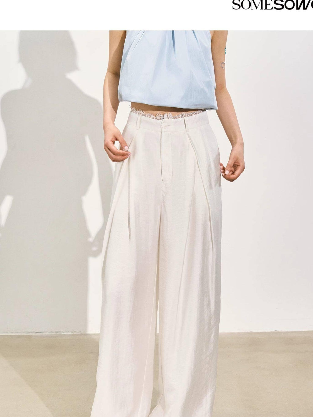 SOMESOWE Pleated Natural Waist Button Fly Women Regenerated Cellulose Straight Pants