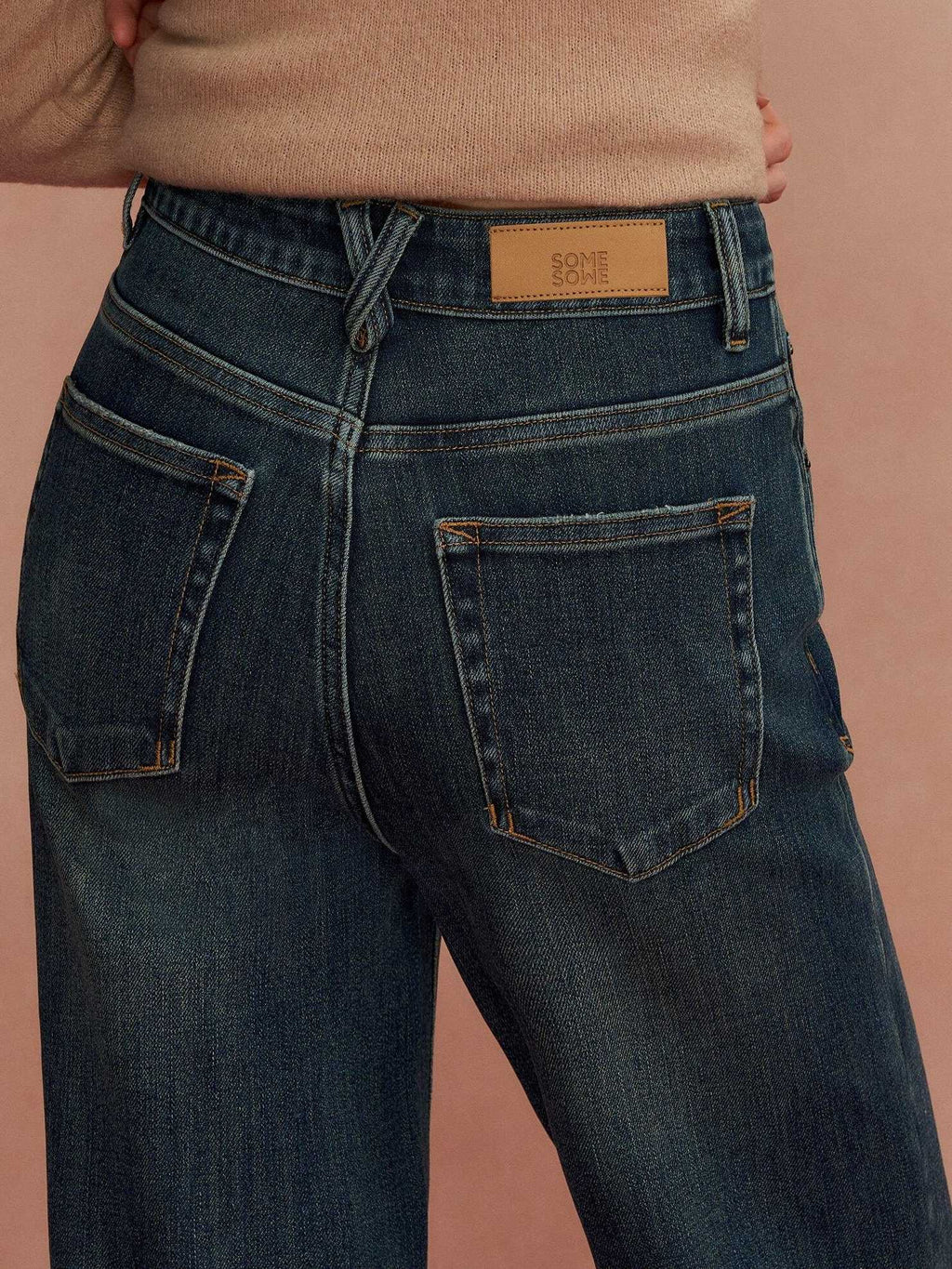 SOMESOWE Pleated High Waist Casual Pockets Slight Flare Stretch Blue Wide Leg Jeans