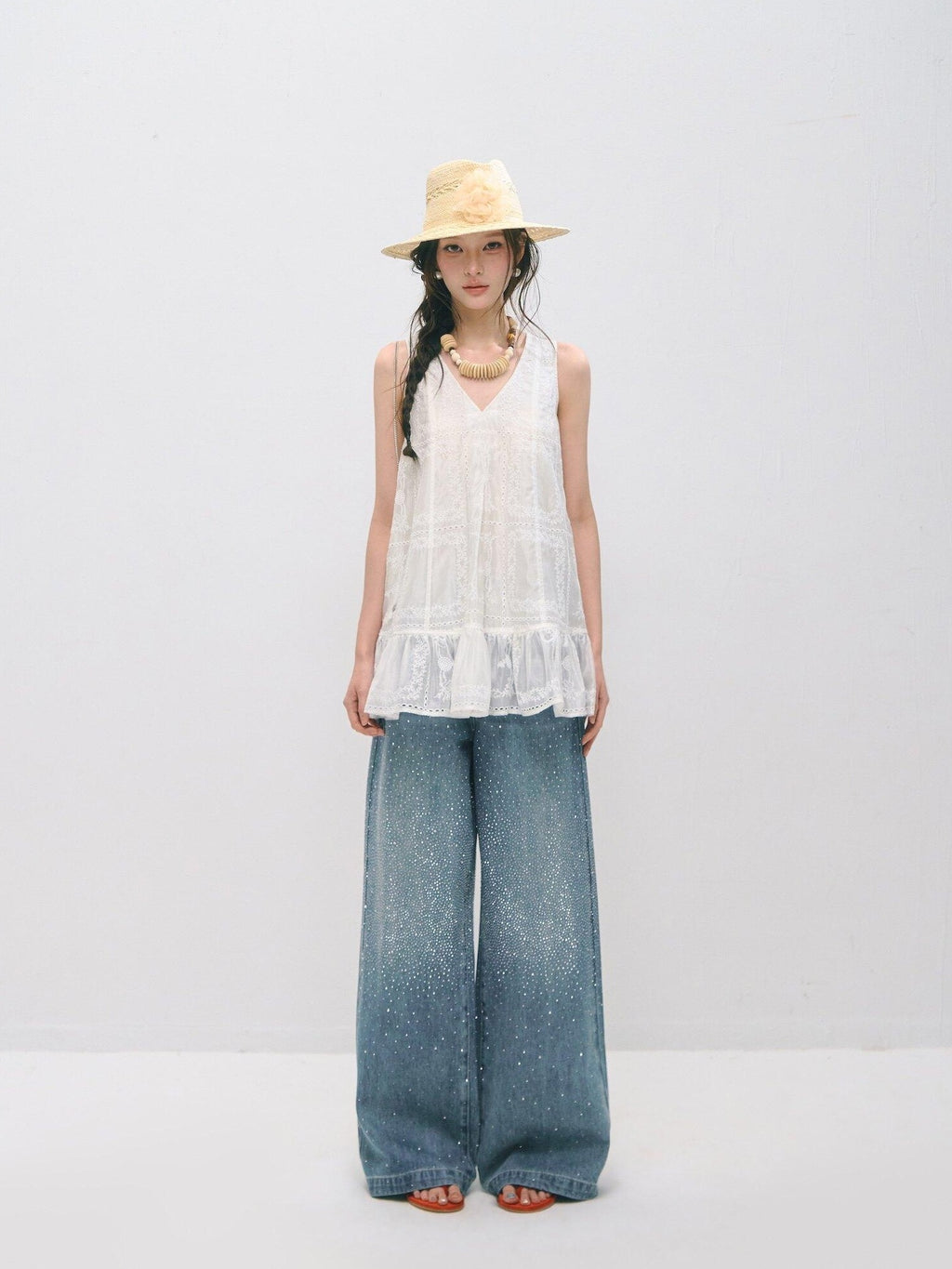 SOMESOWE Ruffled A Line Loose Fit Casual Round Neck Sleeveless Women Tank Tops