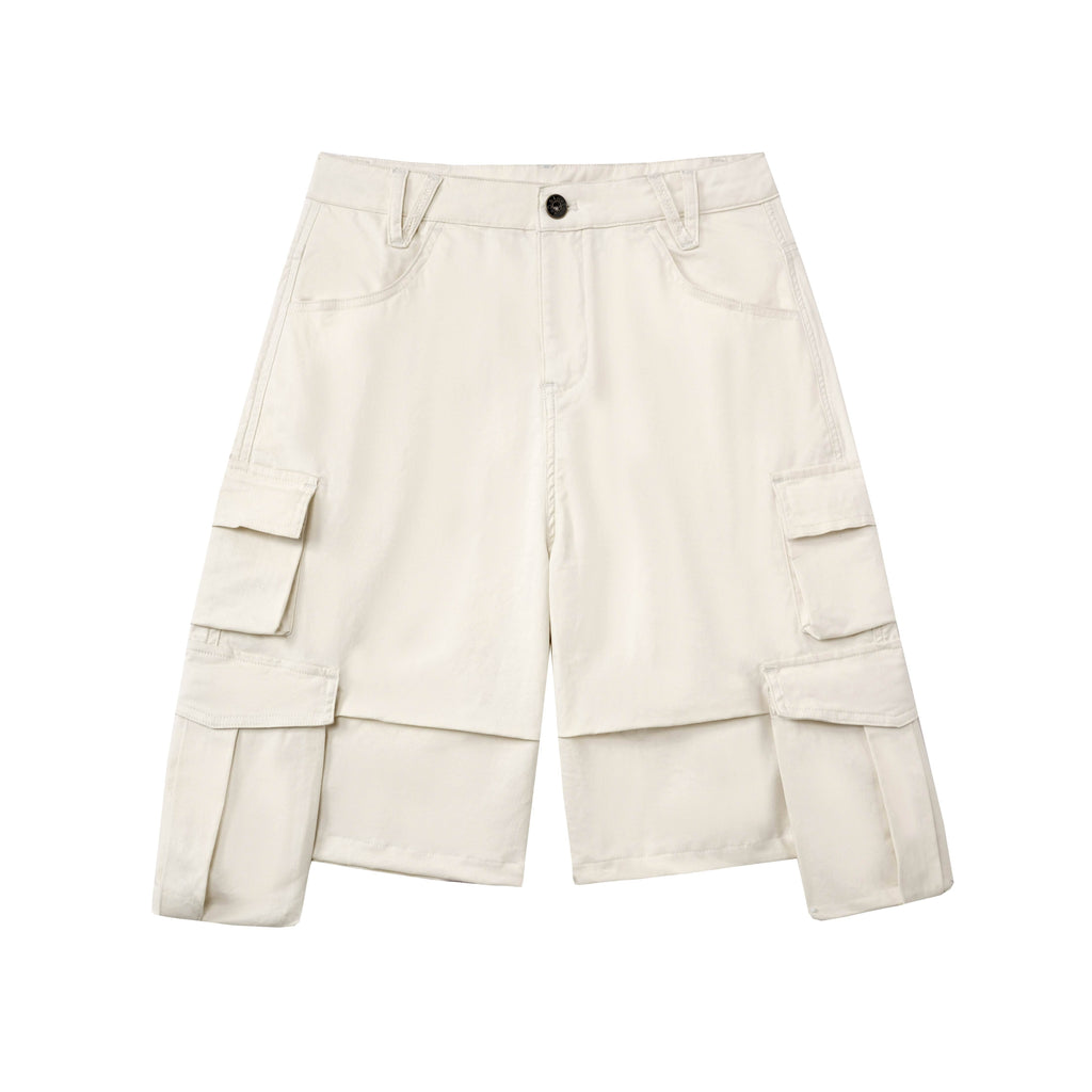 DeleteEx_Button_Fly_Natural_Waist_Multi_Pocket_Casual_Women_Beige_Black_Mid-Length_Shorts_MISSTT