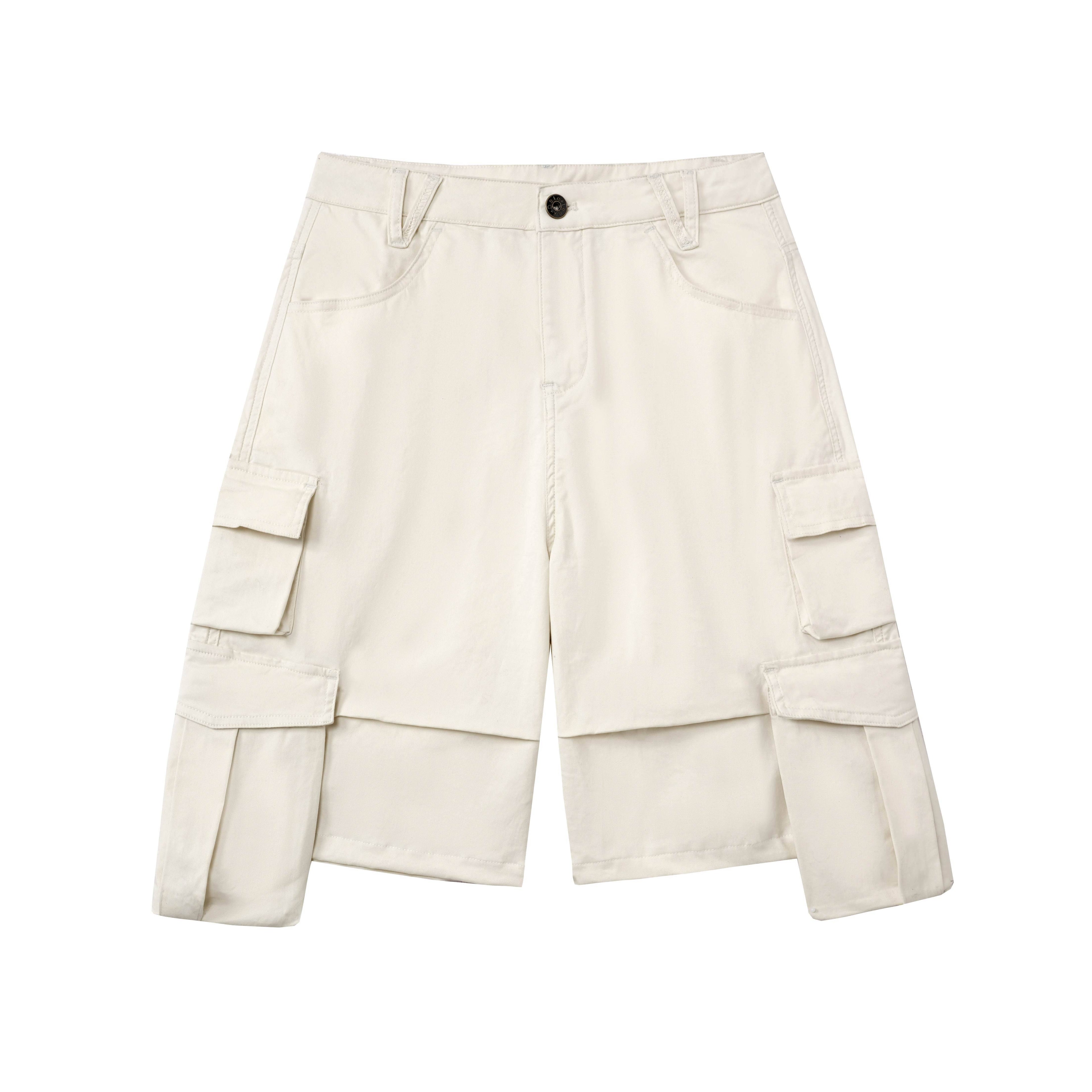 DeleteEx_Button_Fly_Natural_Waist_Multi_Pocket_Casual_Women_Beige_Black_Mid-Length_Shorts_MISSTT