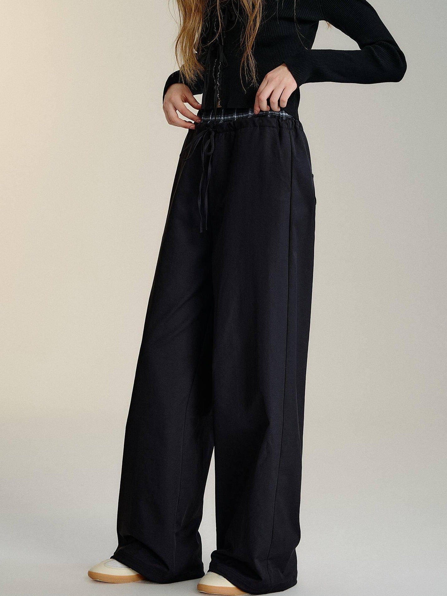 SOMESOWE Minimalist Double Waist Drawstring Natural Waist Office Women Wide Leg Pants