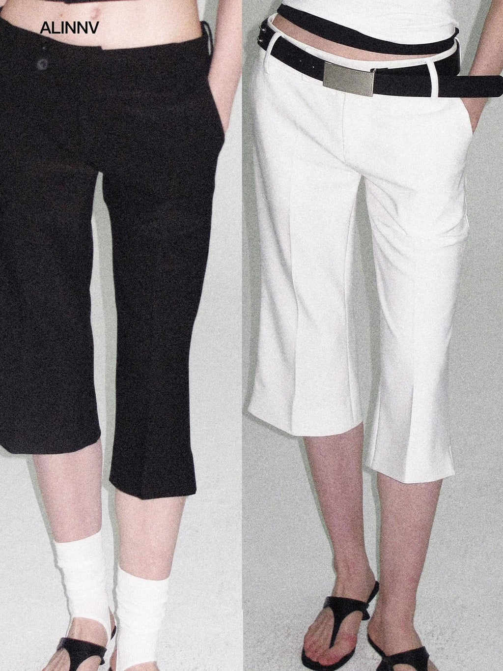 ALINNVSTUDIO Low Waist Button Detail Slim Side Slit Womens Polyester Mid-Length Shorts