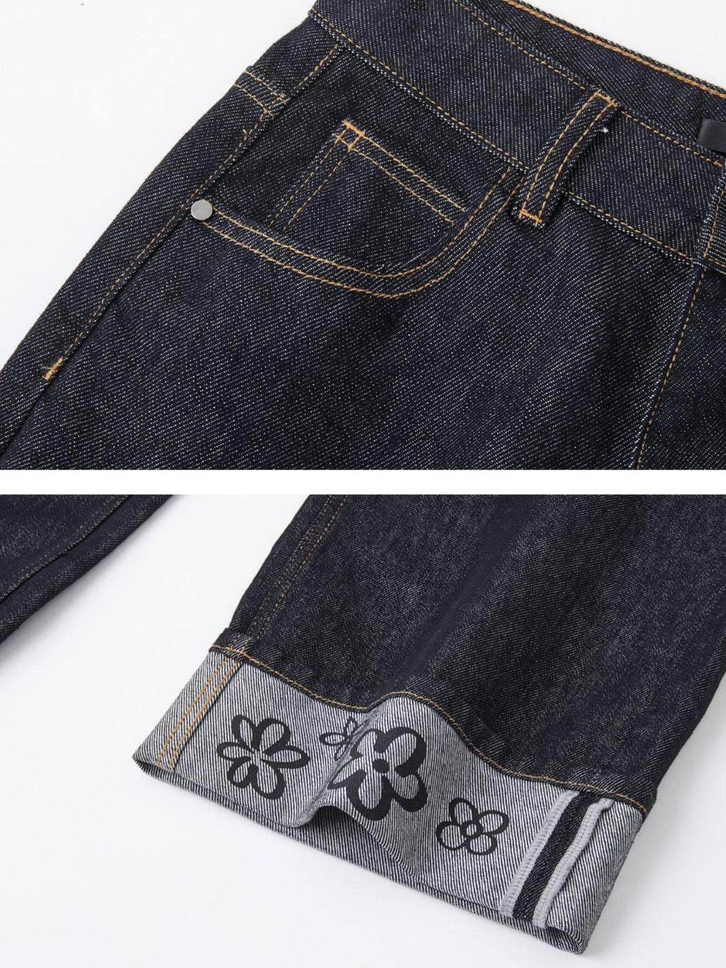 SOMESOWE Relaxed Streetwear Unisex Floral Detail Blue Black Denim Straight Leg Jeans