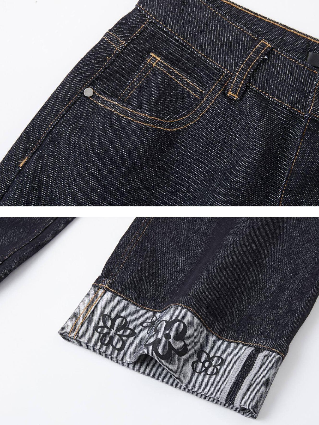 SOMESOWE Relaxed Streetwear Unisex Floral Detail Blue Black Denim Straight Leg Jeans