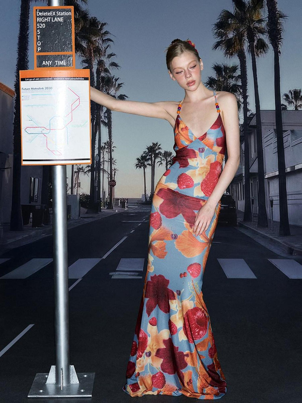 DeleteEx Flattering V-neck Tie Detail Trendy Slim Fit Printed Stretch Women Maxi Dresses
