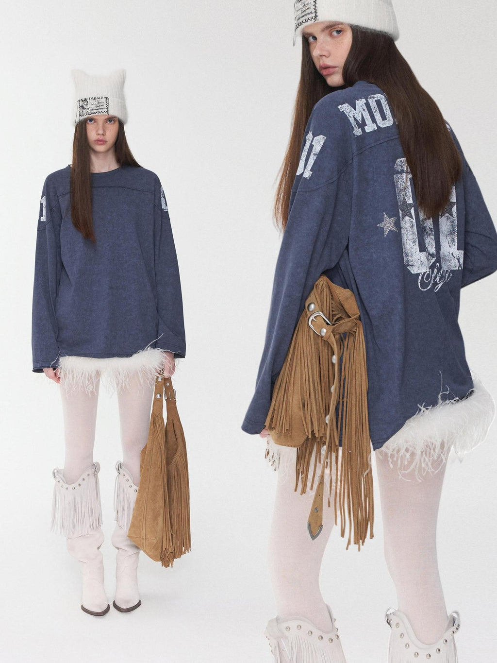 1JINN STUDIO Cotton Blend Printed American Relaxed Long Sleeve Mud Dyed Oversized T-Shirts